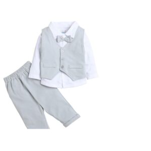 BUMZEE Grey & White Boys Shirt Waistcoat & Pant Set with Applique Bow